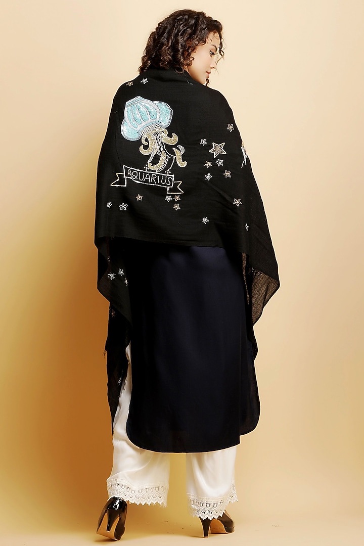 Black Motif Embroidered Stole by DUSALA ACCESSORIES at Pernia's Pop Up Shop