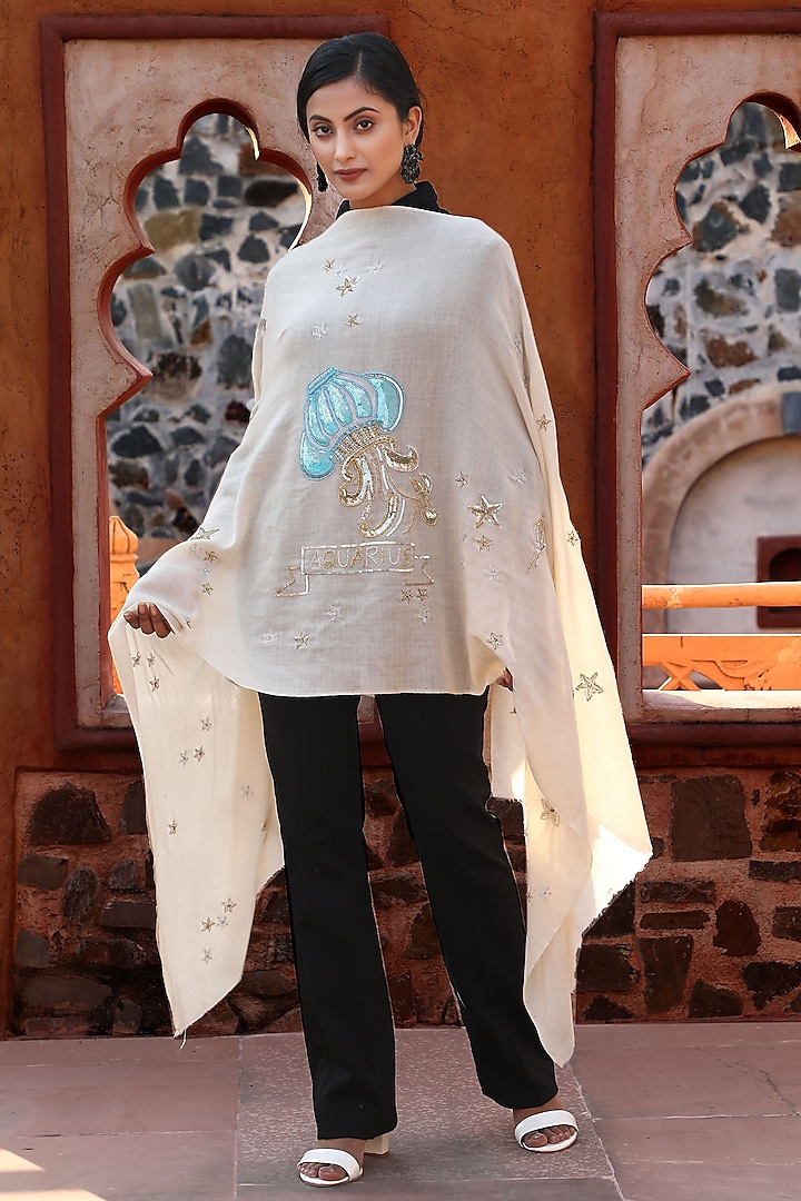 Beige Motif Embroidered Stole by DUSALA  ACCESSORIES