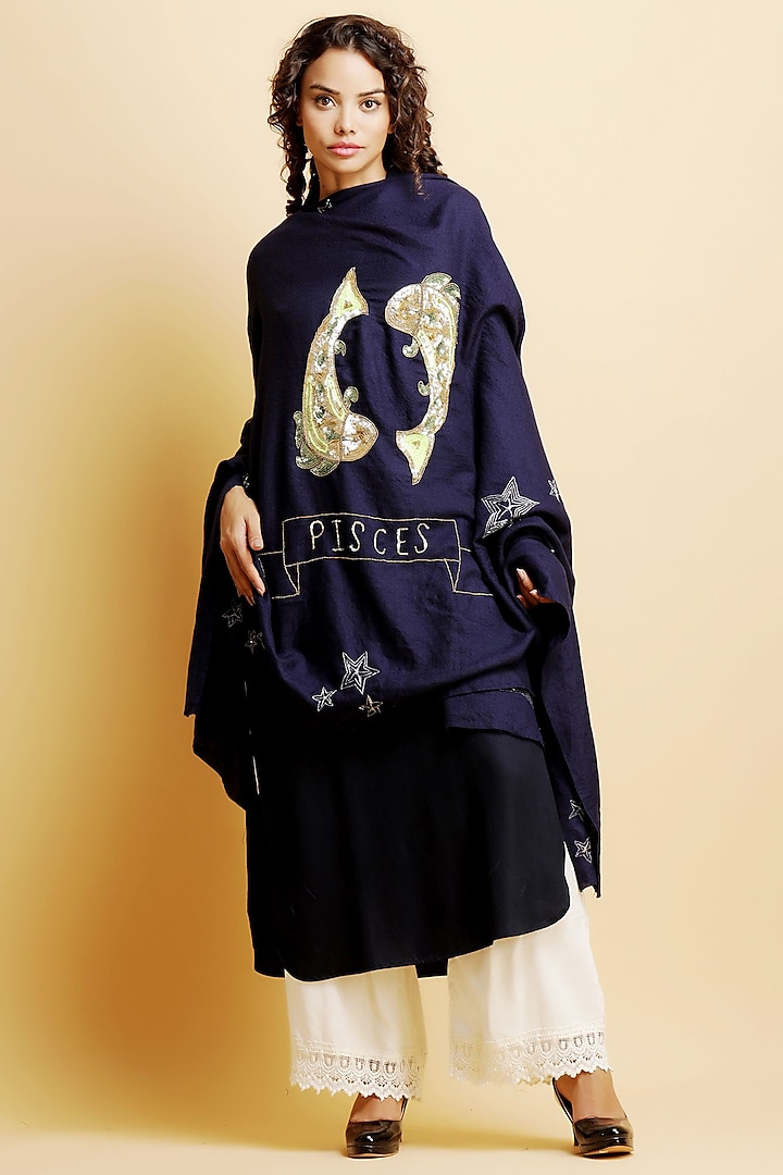 Blue Pisces Motif Embroidered Stole by DUSALA  ACCESSORIES