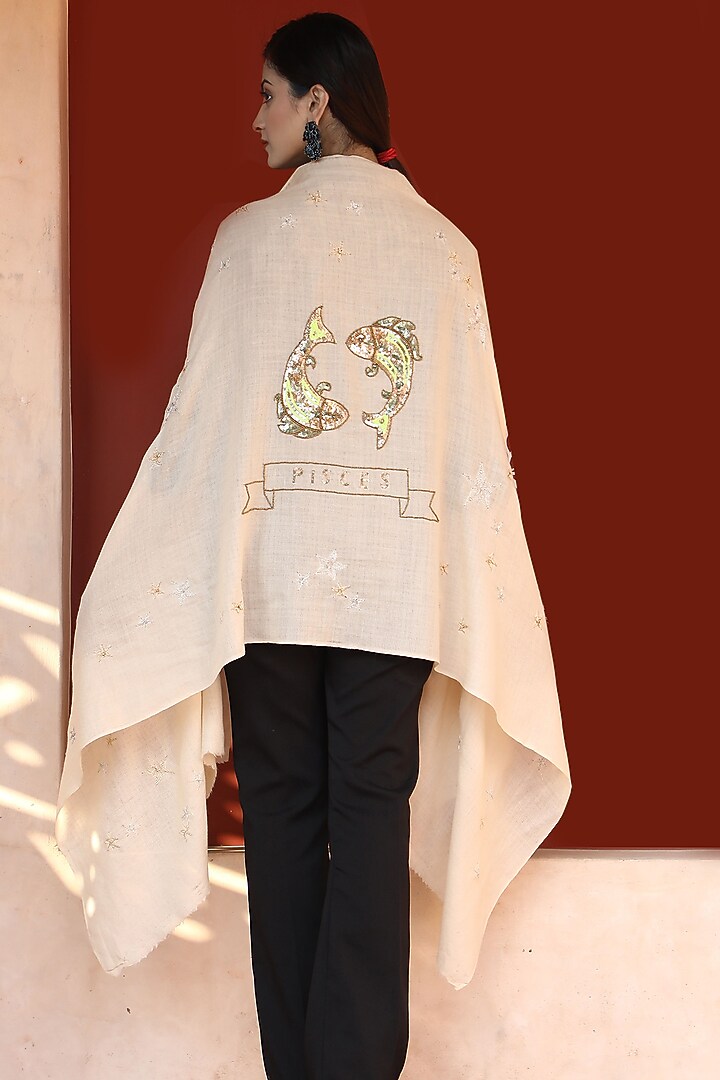 Beige Pisces Motif Embroidered Stole by DUSALA ACCESSORIES at Pernia's Pop Up Shop