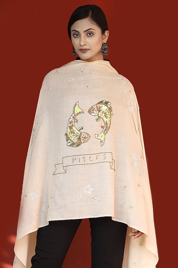 Beige Pisces Motif Embroidered Stole by DUSALA ACCESSORIES at Pernia's Pop Up Shop