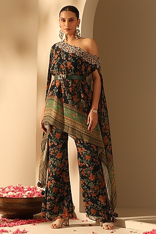 Black Georgette Printed Kurta Set by Dusala India