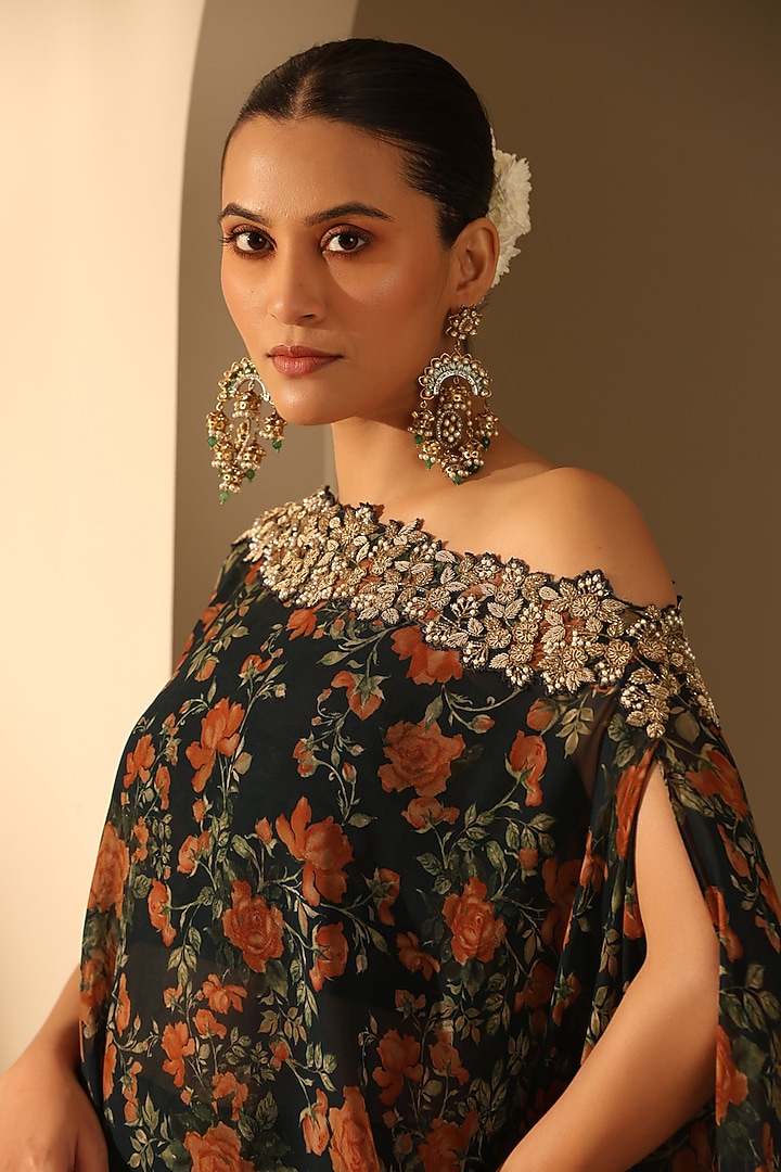 Black Georgette Printed Kurta Set by Dusala India at Pernia's Pop Up Shop