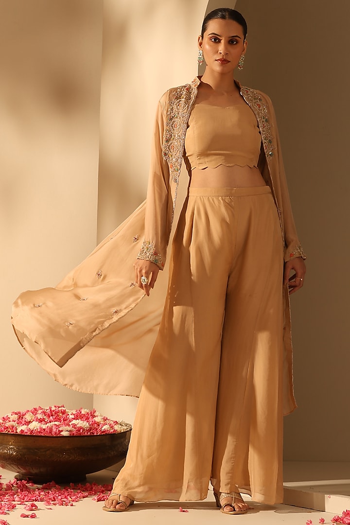 Light Brown Soft Organza Hand Work Cape Set by Dusala India at Pernia's Pop Up Shop