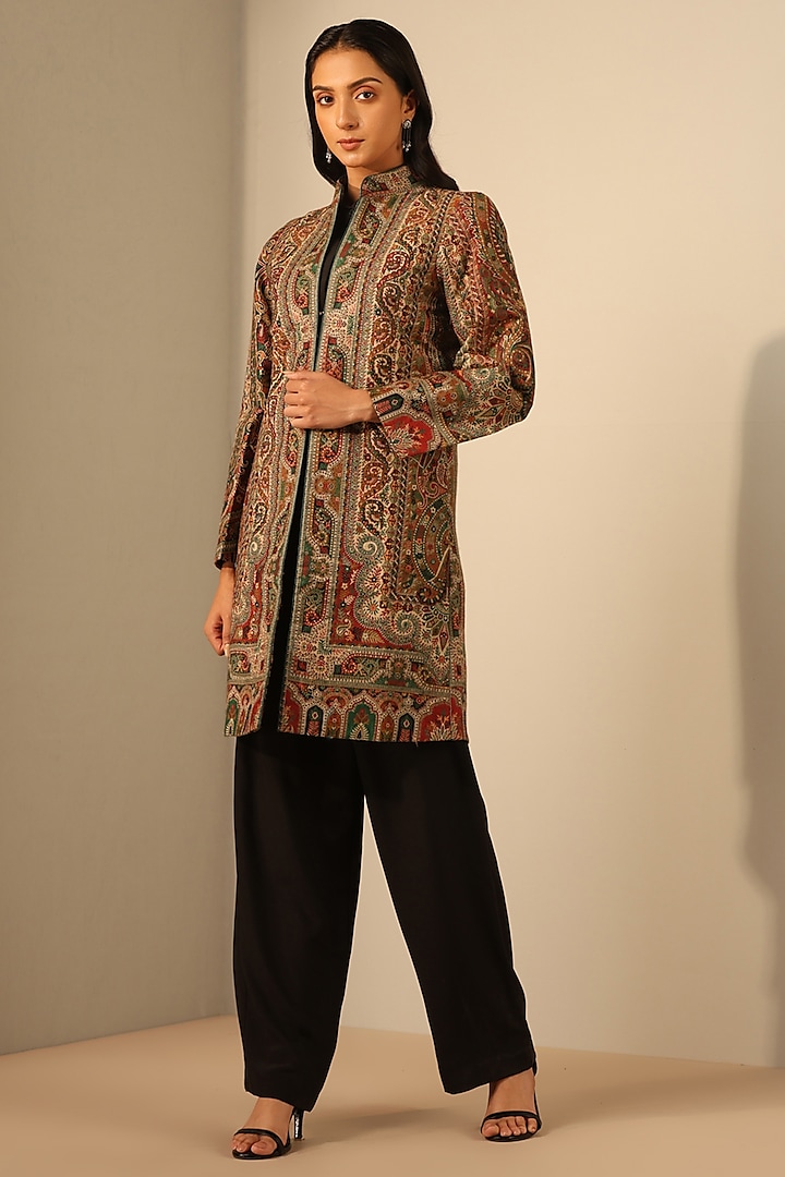 Multi-Colored Fine Wool Silk Woven Kashmiri Embroidered Jacket by Dusala India at Pernia's Pop Up Shop