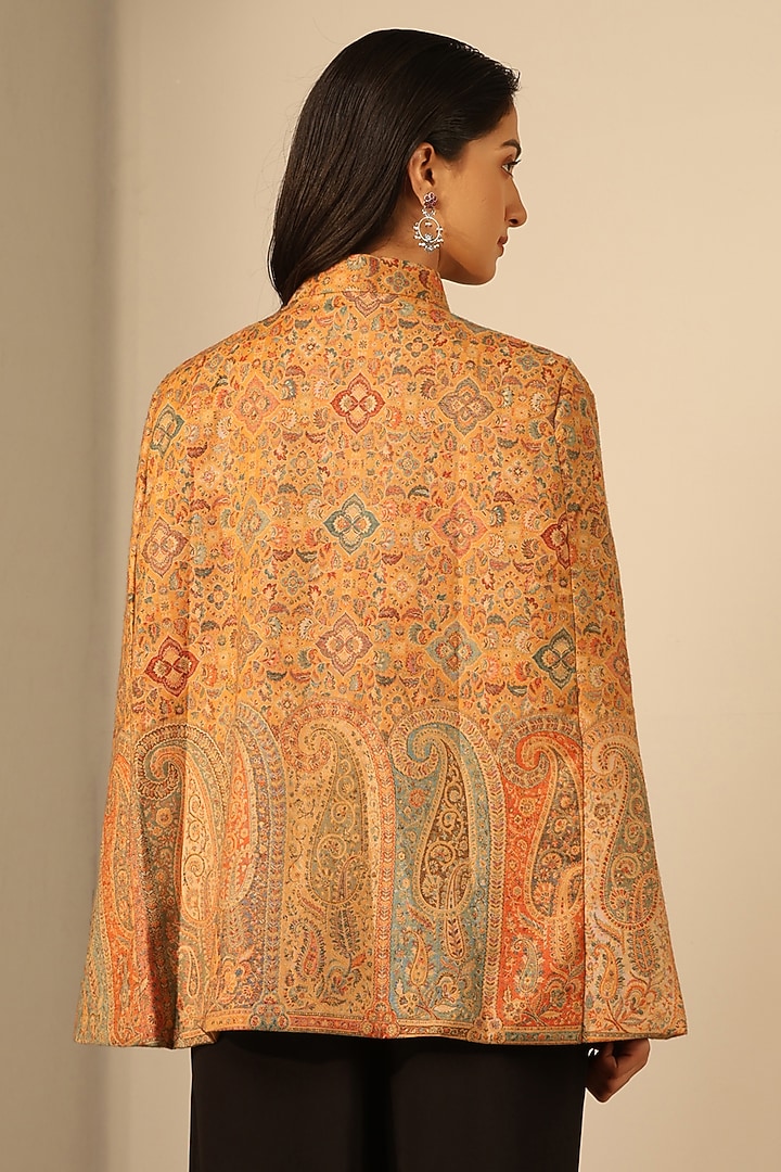 Yellow Fine Wool Silk Woven Kashmiri Embroidered Cape by Dusala India at Pernia's Pop Up Shop