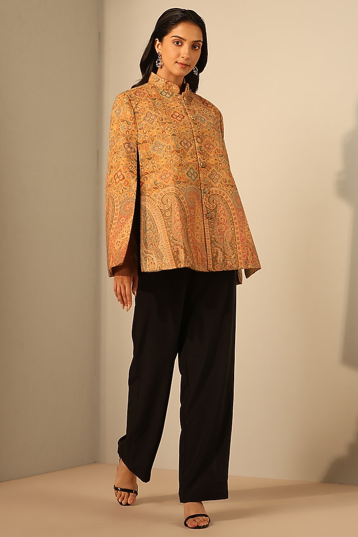Yellow Fine Wool Silk Woven Kashmiri Embroidered Cape by Dusala India at Pernia's Pop Up Shop