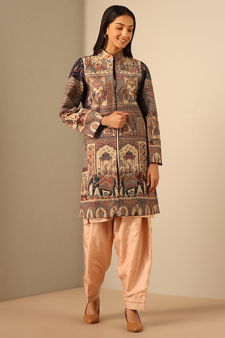 Multi-Colored Fine Wool Silk Woven Kashmiri Embroidered Jacket by Dusala India at Pernia's Pop Up Shop