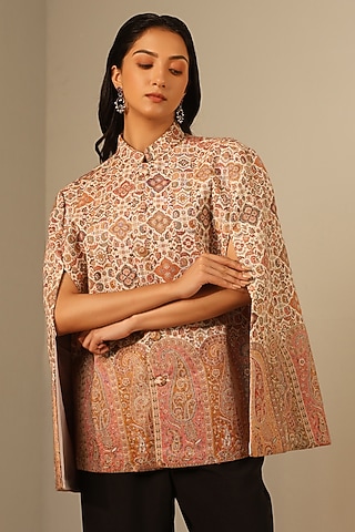 Off-White Fine Wool Silk Woven Kashmiri Embroidered Cape by Dusala India