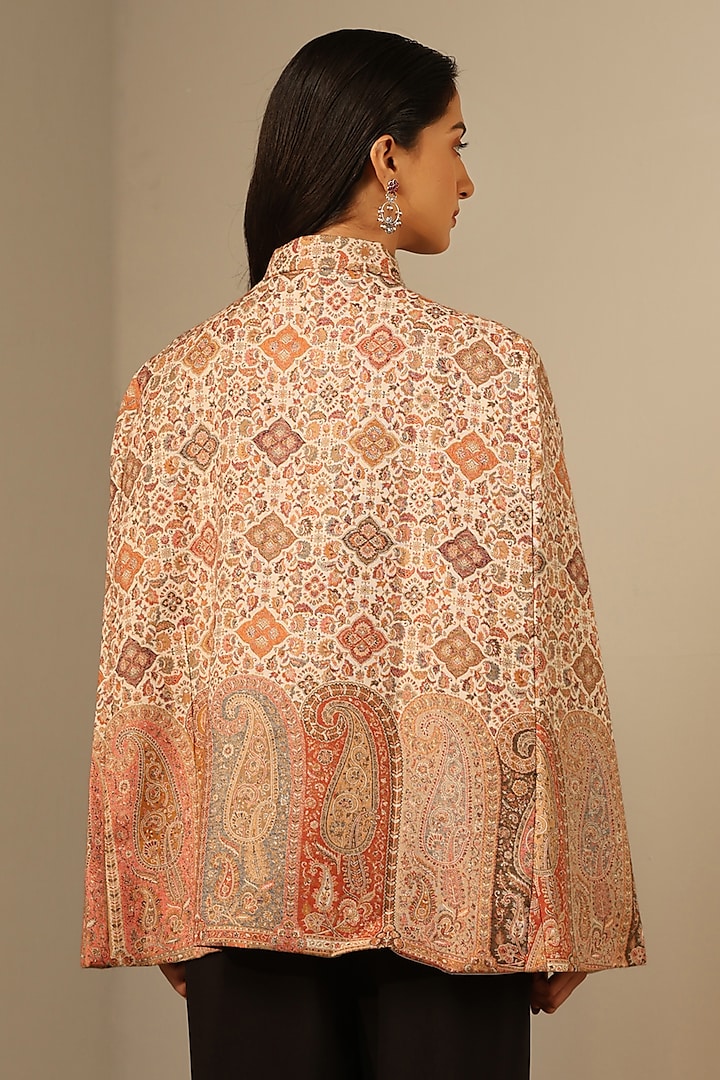 Off-White Fine Wool Silk Woven Kashmiri Embroidered Cape by Dusala India at Pernia's Pop Up Shop