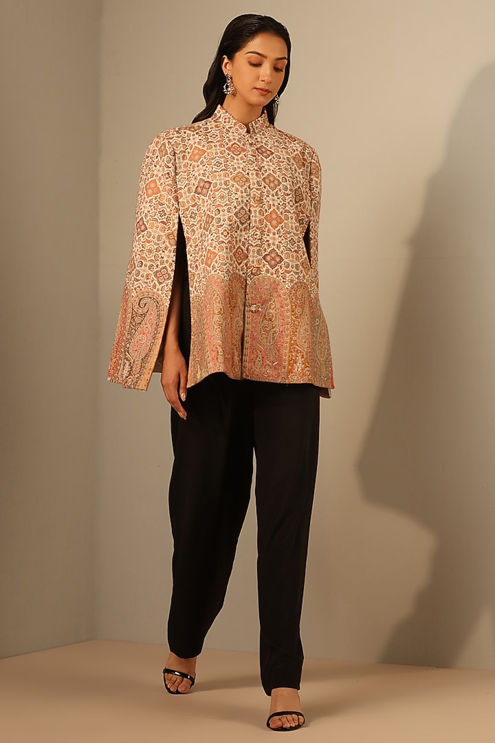 Off-White Fine Wool Silk Woven Kashmiri Embroidered Cape by Dusala India at Pernia's Pop Up Shop