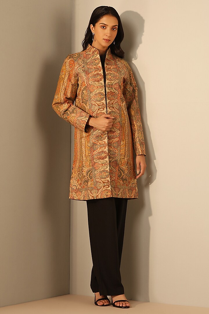 Yellow Fine Wool Silk Woven Kashmiri Embroidered Jacket by Dusala India at Pernia's Pop Up Shop