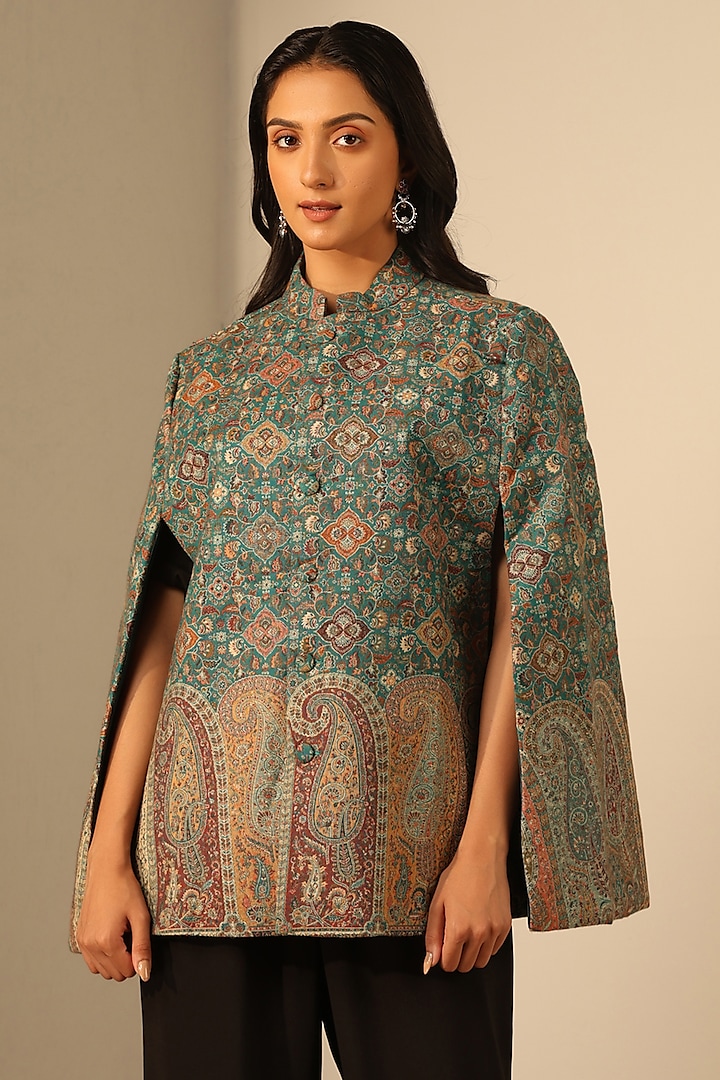 Green Fine Wool Silk Woven Kashmiri Embroidered Cape by Dusala India at Pernia's Pop Up Shop