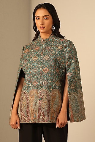 Green Fine Wool Silk Woven Kashmiri Embroidered Cape by Dusala India