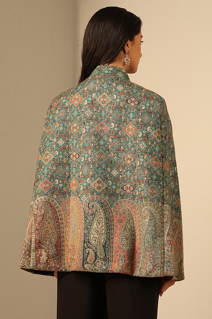 Green Fine Wool Silk Woven Kashmiri Embroidered Cape by Dusala India at Pernia's Pop Up Shop