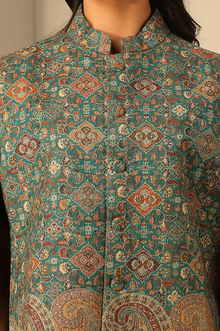 Green Fine Wool Silk Woven Kashmiri Embroidered Cape by Dusala India at Pernia's Pop Up Shop