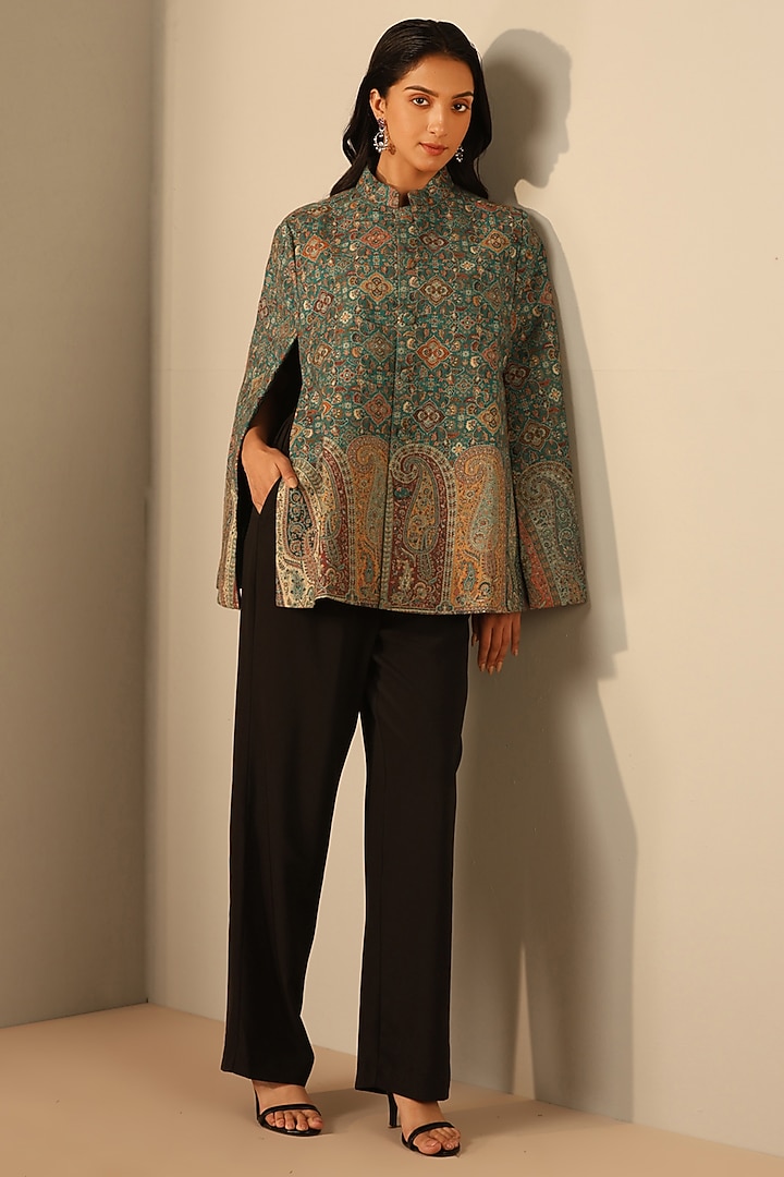 Green Fine Wool Silk Woven Kashmiri Embroidered Cape by Dusala India at Pernia's Pop Up Shop