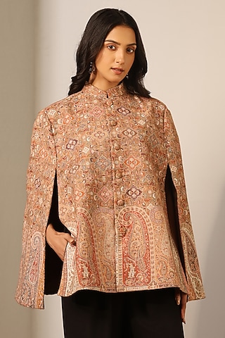 Beige Fine Wool Silk Woven Kashmiri Embroidered Cape by Dusala India