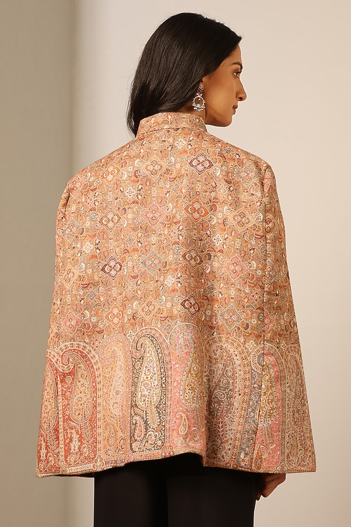 Beige Fine Wool Silk Woven Kashmiri Embroidered Cape by Dusala India at Pernia's Pop Up Shop