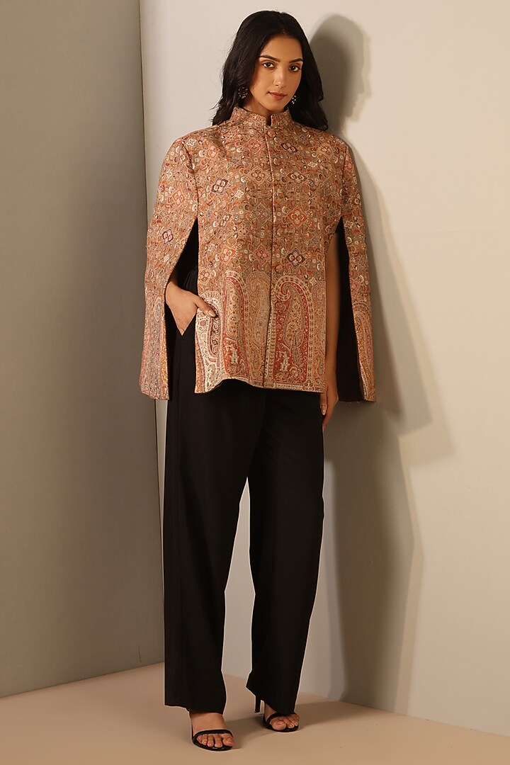 Beige Fine Wool Silk Woven Kashmiri Embroidered Cape by Dusala India at Pernia's Pop Up Shop