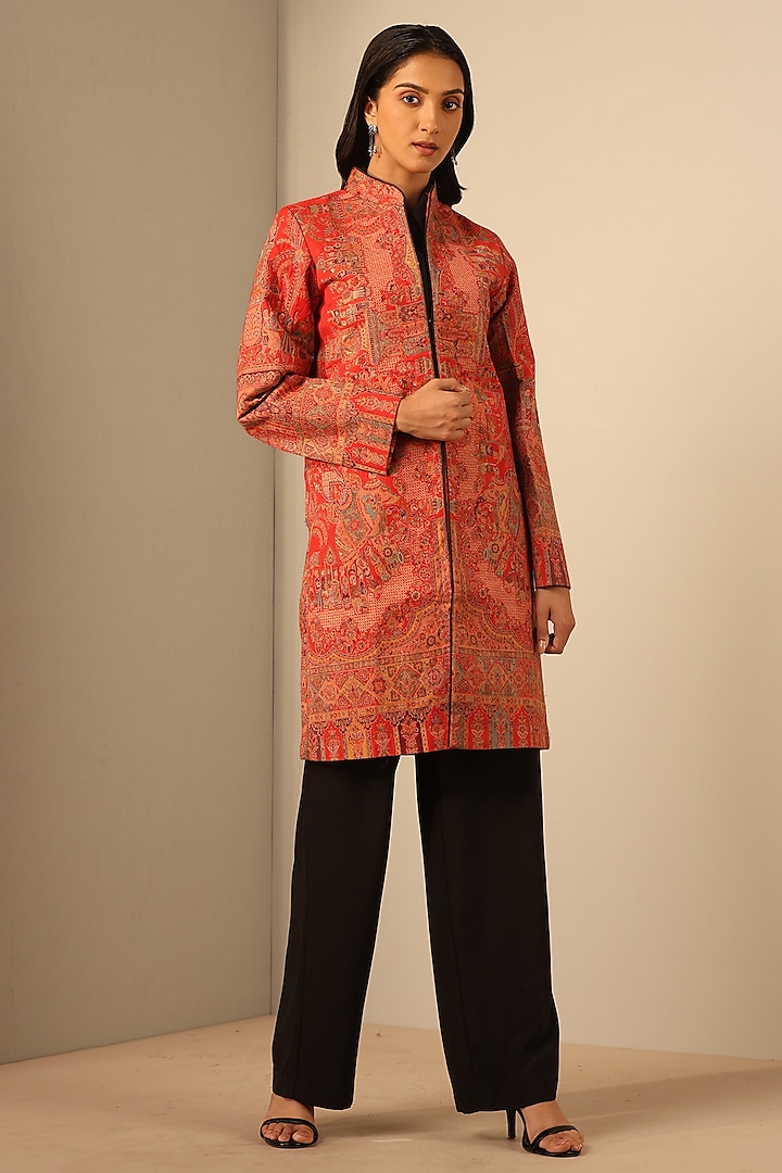 Red Fine Wool Silk Woven Kashmiri Embroidered Jacket by Dusala India at Pernia's Pop Up Shop