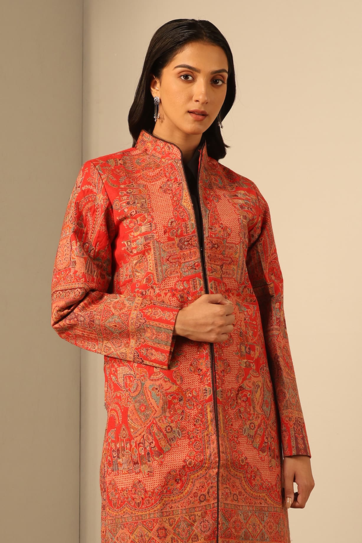 Red Fine Wool Silk Woven Kashmiri Embroidered Jacket by Dusala India at  Pernia's Pop Up Shop