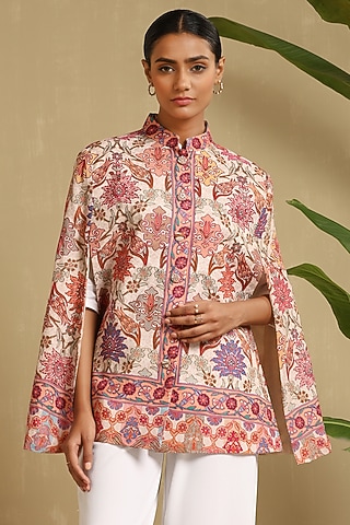 Multi-Colored Fine Wool Silk Woven Kashmiri Embroidered Cape by Dusala India