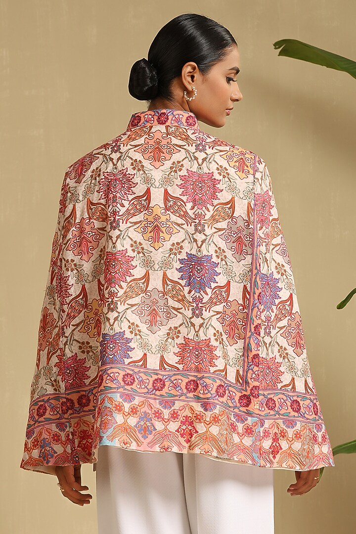 Multi-Colored Fine Wool Silk Woven Kashmiri Embroidered Cape by Dusala India at Pernia's Pop Up Shop