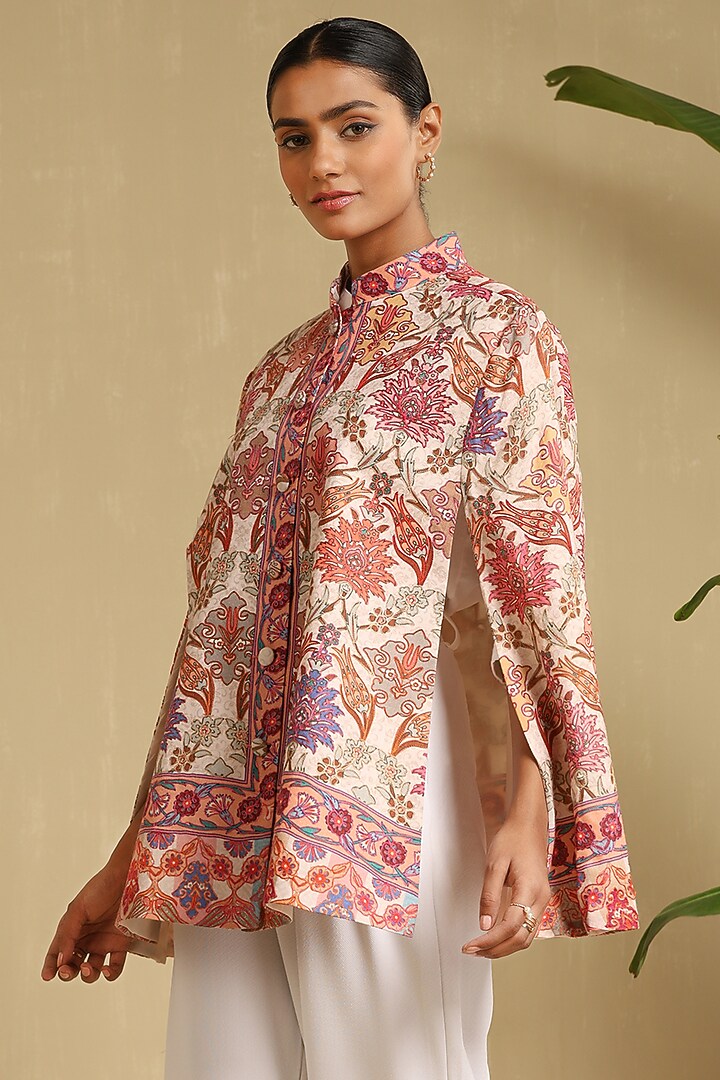 Multi-Colored Fine Wool Silk Woven Kashmiri Embroidered Cape by Dusala India at Pernia's Pop Up Shop