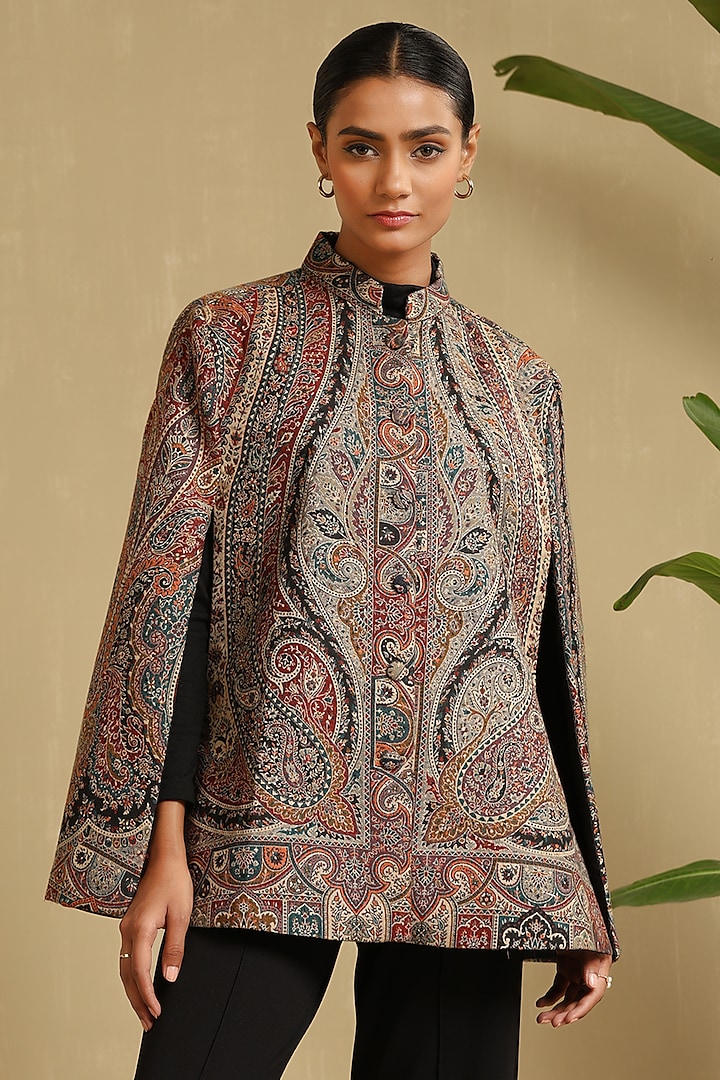 Multi-Colored Fine Wool Silk Woven Kashmiri Embroidered Cape by Dusala India at Pernia's Pop Up Shop