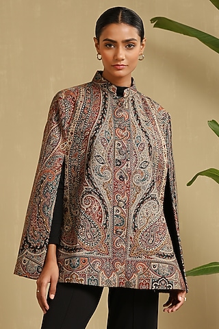 Multi-Colored Fine Wool Silk Woven Kashmiri Embroidered Cape by Dusala India