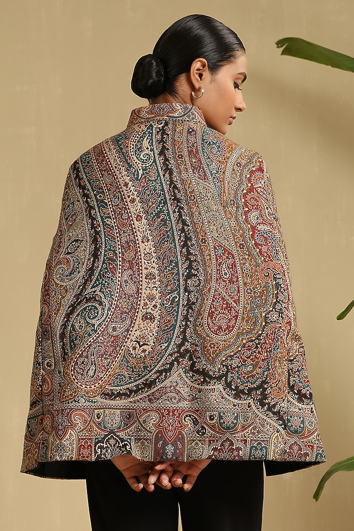 Multi-Colored Fine Wool Silk Woven Kashmiri Embroidered Cape by Dusala India at Pernia's Pop Up Shop
