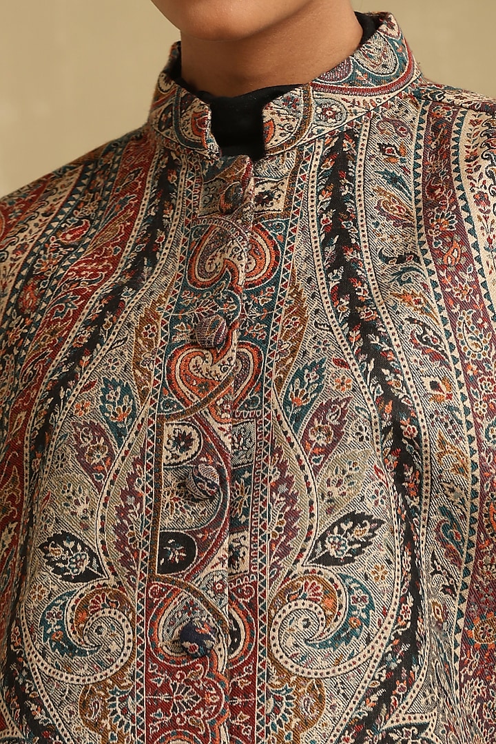 Multi-Colored Fine Wool Silk Woven Kashmiri Embroidered Cape by Dusala India at Pernia's Pop Up Shop