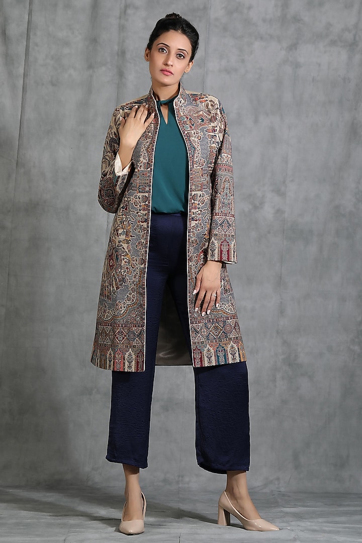 Beige Cashmere Woven Kashmiri Embroidered Paisley Jacket by Dusala India at Pernia's Pop Up Shop