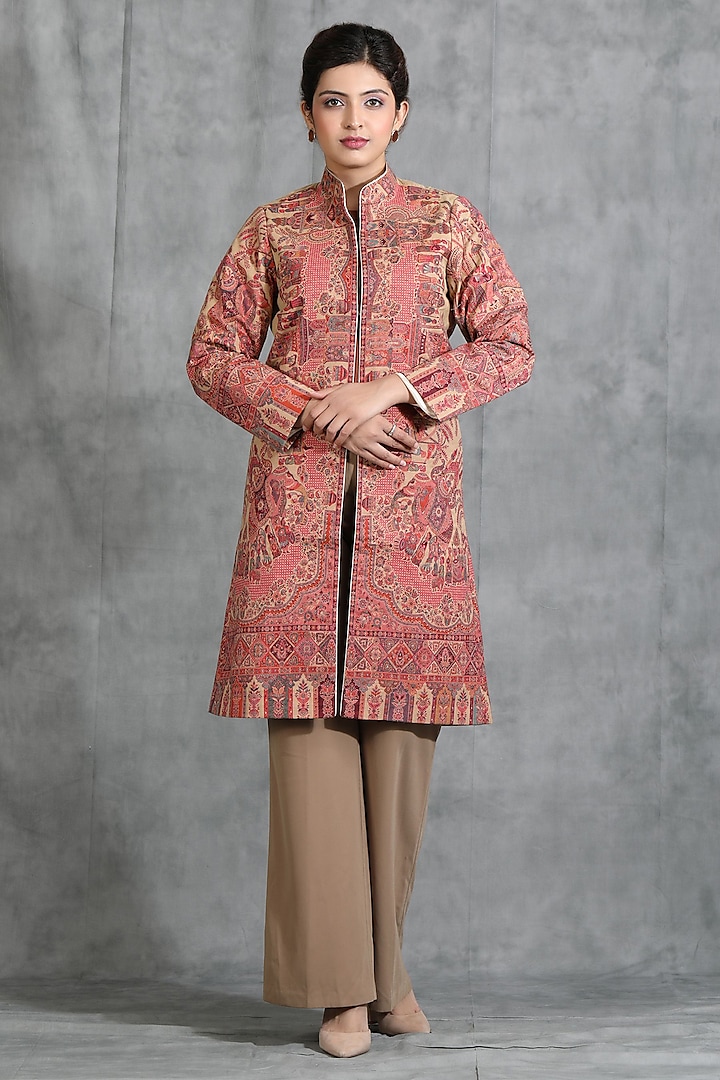 Red Cashmere Woven Kashmiri Embroidered Paisley Jacket by Dusala India at Pernia's Pop Up Shop