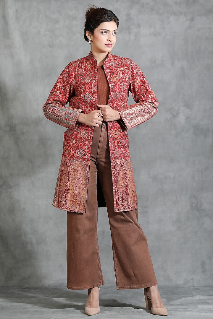 Red Cashmere Woven Kashmiri Embroidered Paisley Jacket by Dusala India at Pernia's Pop Up Shop