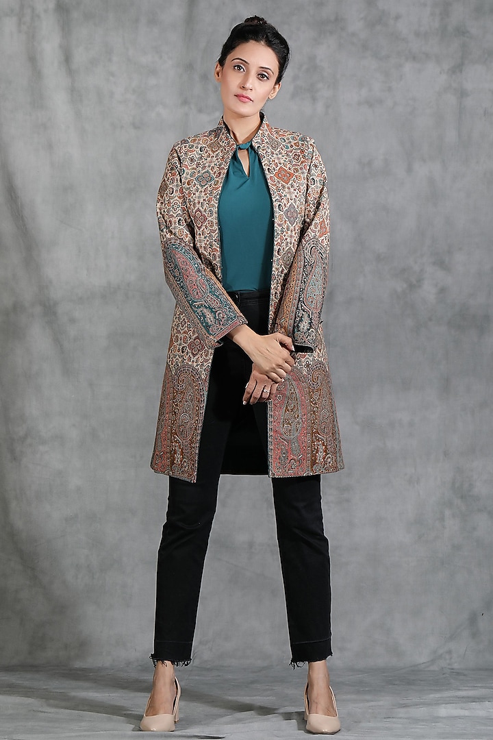 Beige Pashmina Woven Kashmiri Embroidered Paisley Jacket by Dusala India at Pernia's Pop Up Shop