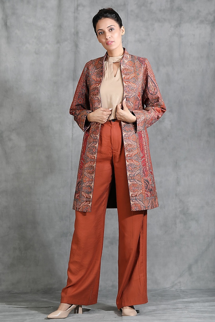 Red Cashmere Woven Kashmiri Embroidered Paisley Jacket by Dusala India at Pernia's Pop Up Shop