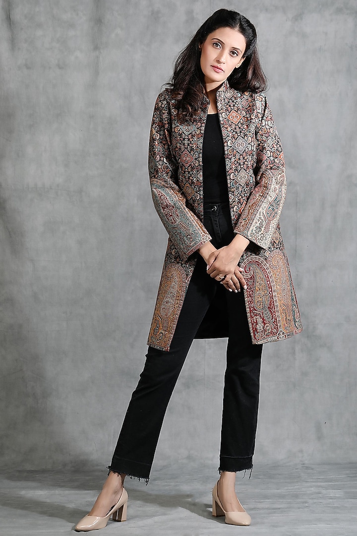 Black Cashmere Woven Kashmiri Embroidered Paisley Jacket by Dusala India at Pernia's Pop Up Shop