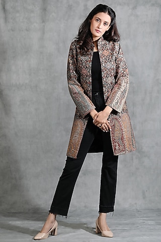 Black Cashmere Woven Kashmiri Embroidered Paisley Jacket by Dusala India