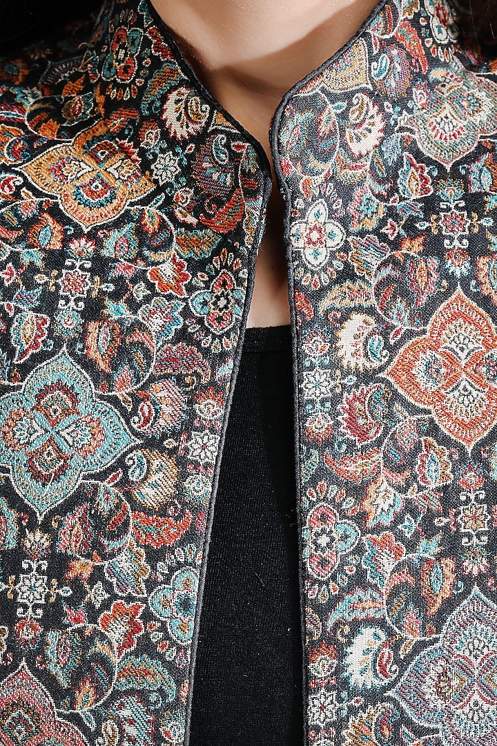 Black Cashmere Woven Kashmiri Embroidered Paisley Jacket by Dusala India at Pernia's Pop Up Shop