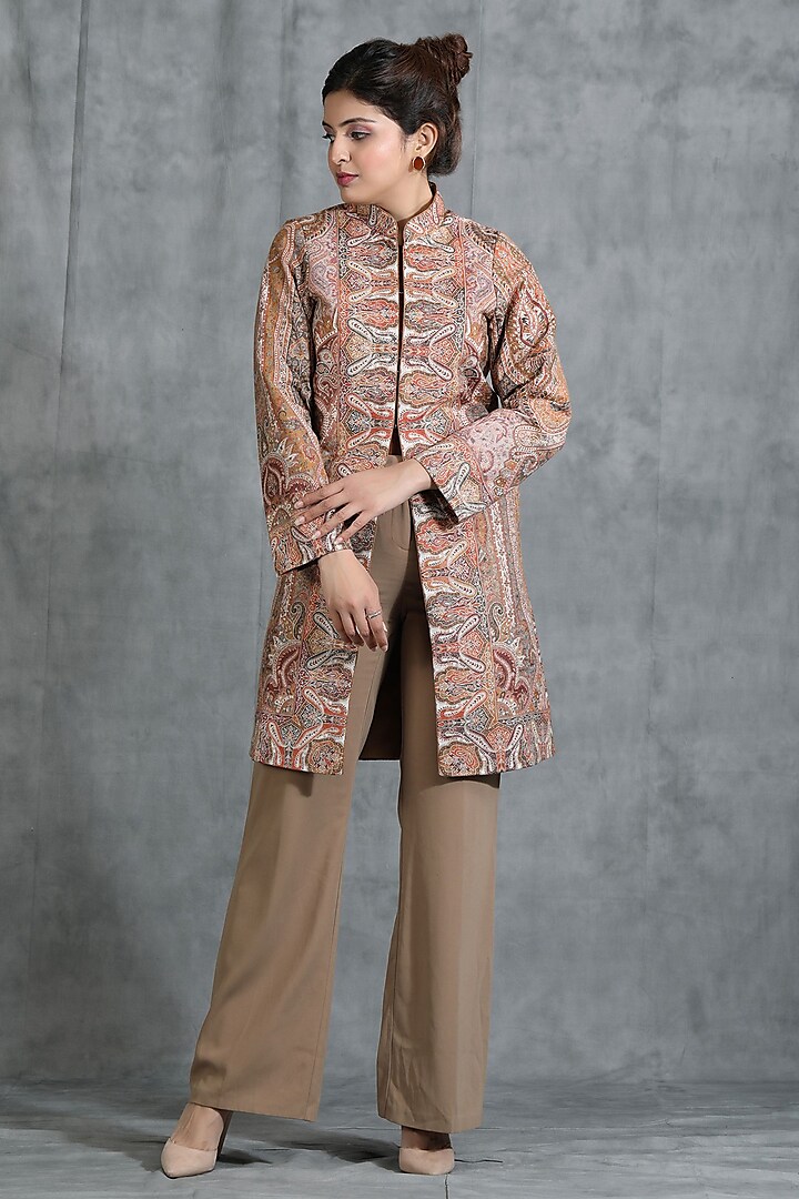 Beige Cashmere Woven Kashmiri Embroidered Paisley Jacket by Dusala India at Pernia's Pop Up Shop