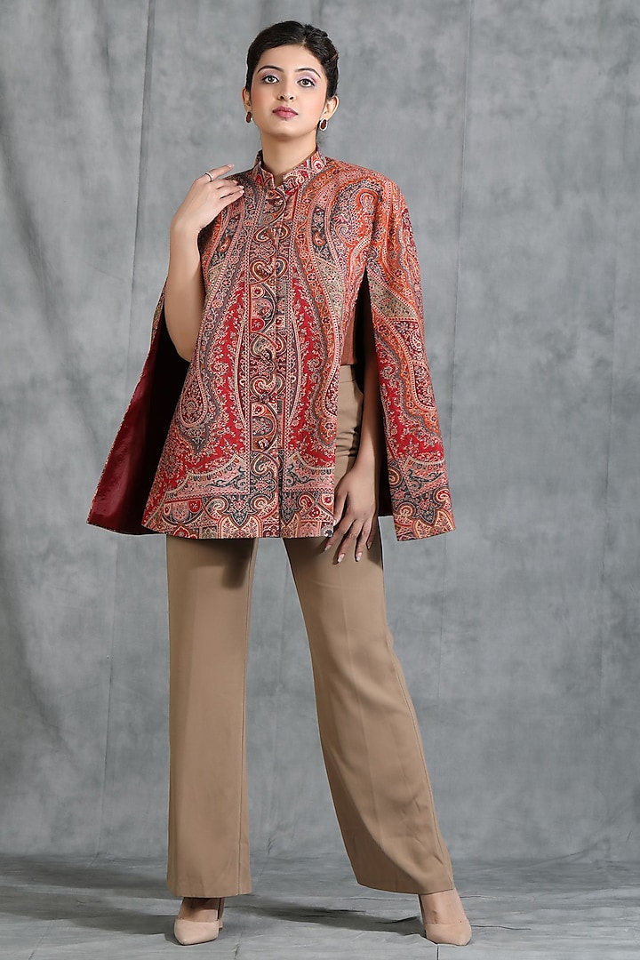 Red Cashmere Woven Kashmiri Embroidered Paisley Cape by Dusala India at Pernia's Pop Up Shop