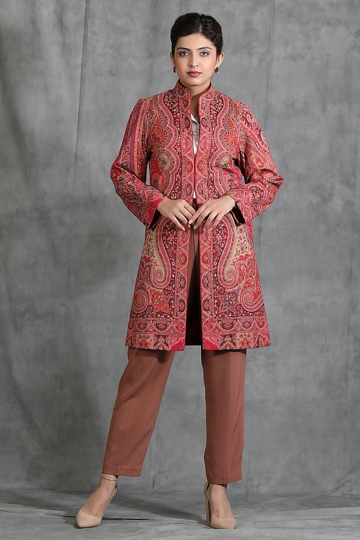 Red Cashmere Woven Kashmiri Embroidered Paisley Jacket by Dusala India at Pernia's Pop Up Shop