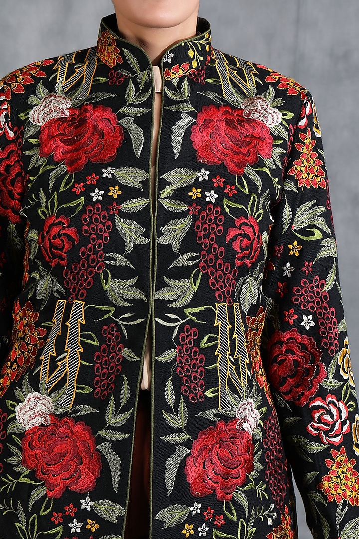 Black Cashmere Woven Kashmiri Embroidered Paisley Jacket by Dusala India at Pernia's Pop Up Shop