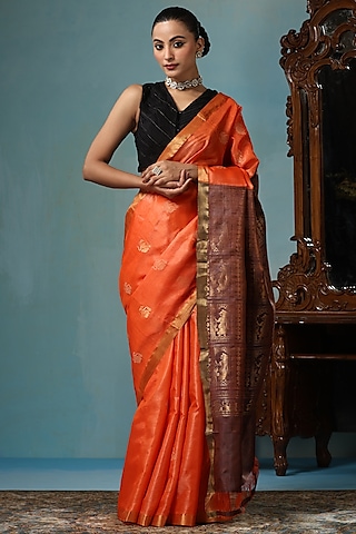 Orange Kosa Silk Handwoven Saree Set by Dusala India