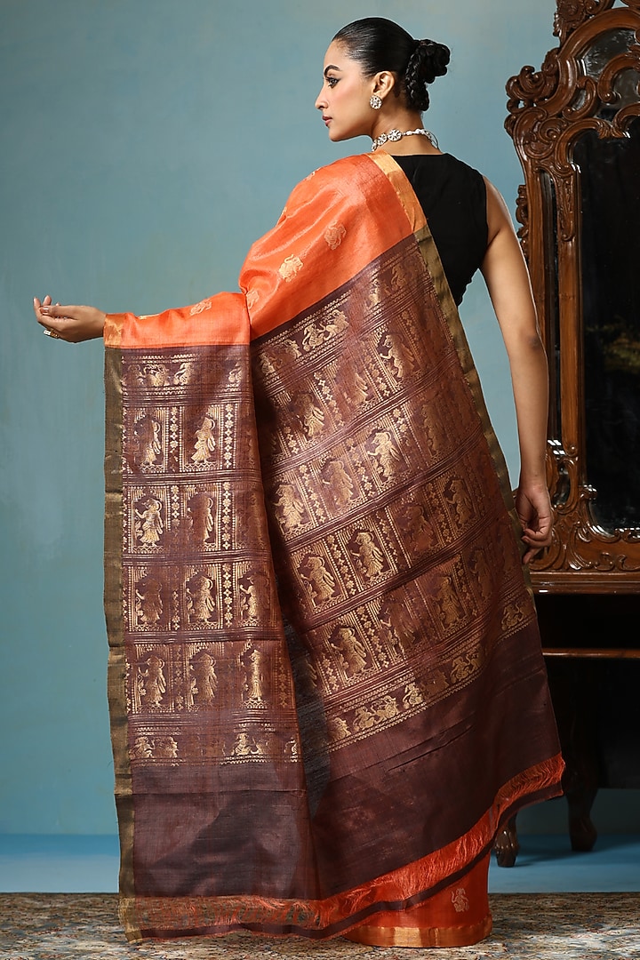 Orange Kosa Silk Handwoven Wedding Saree Set by Dusala India at Pernia's Pop Up Shop