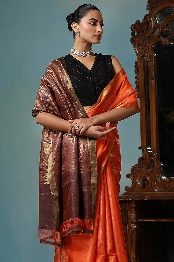 Orange Kosa Silk Handwoven Wedding Saree Set by Dusala India at Pernia's Pop Up Shop