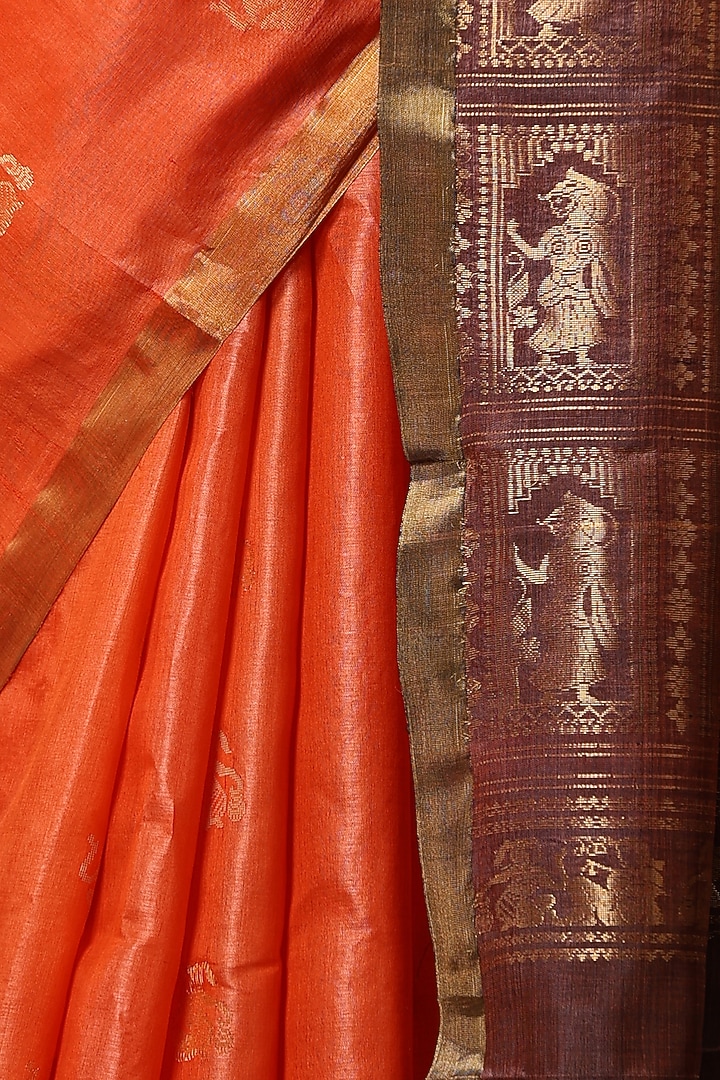 Orange Kosa Silk Handwoven Wedding Saree Set by Dusala India at Pernia's Pop Up Shop