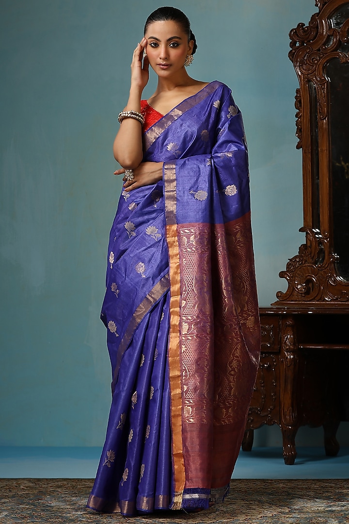 Blue Kosa Silk Handcrafted Saree Set by Dusala India at Pernia's Pop Up Shop